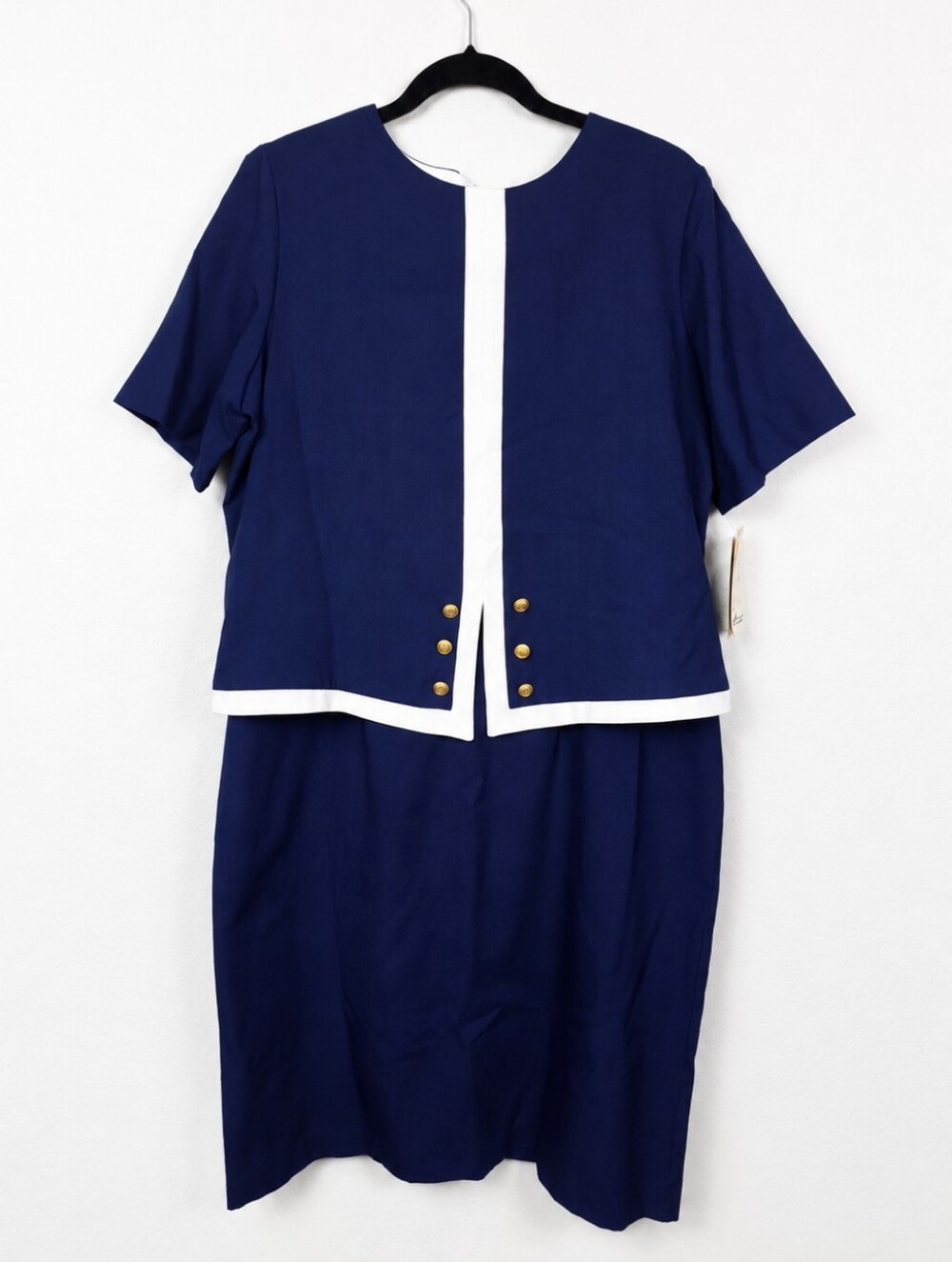 Vintage 80s Karlie Collection NWT Nautical Navy White Gold Button Dress USA 16